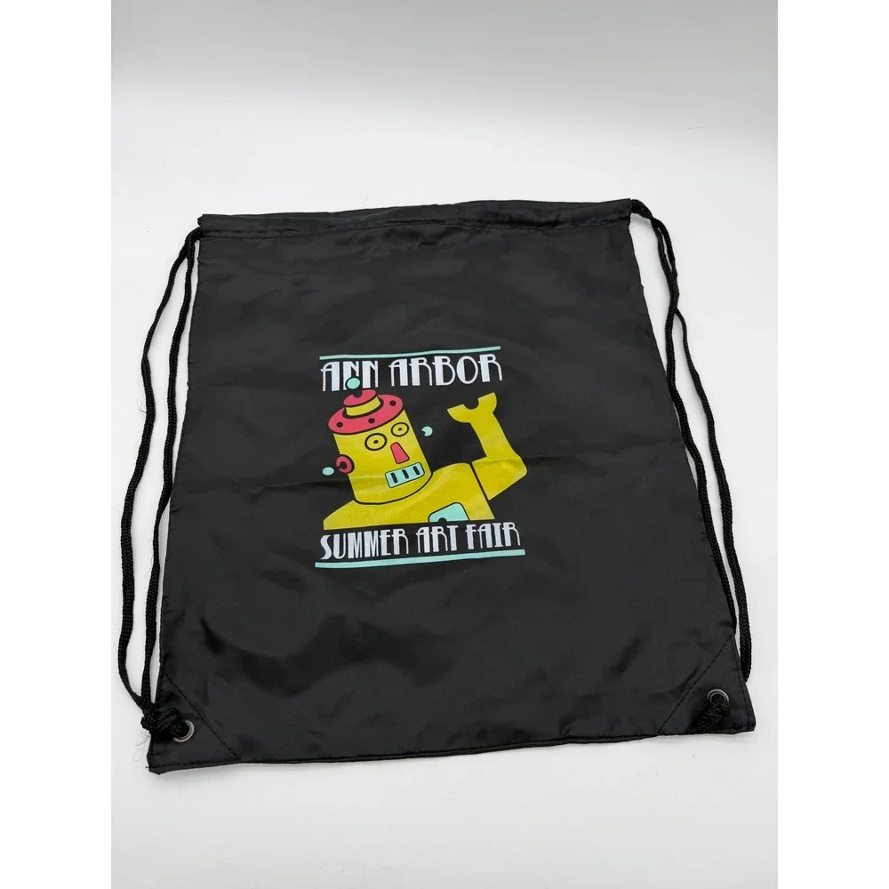 Ann Arbor Summer Art Fair Drawstring Backpack Black Robot Graphic Cinch Bag